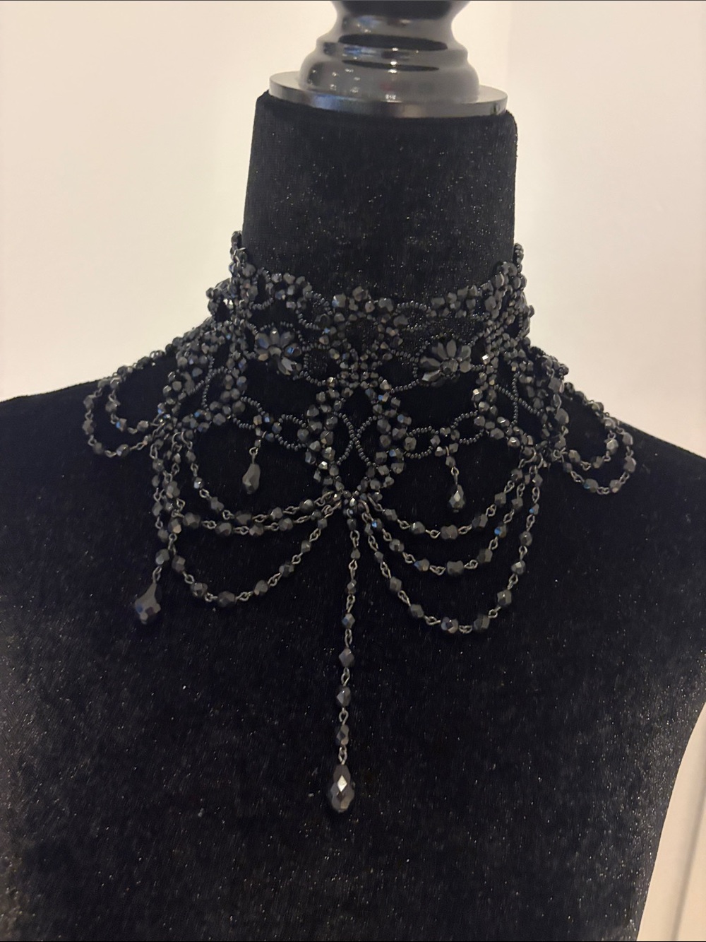 Black Beaded Lace Choker Necklace - Women's Jewelry